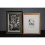 A lino cut signed Christine M. Ford and another titled 'Director's Chair'. H.42 W.30cm. (largest)