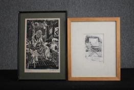 A lino cut signed Christine M. Ford and another titled 'Director's Chair'. H.42 W.30cm. (largest)