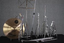 A set of Gibraltar drum and cymbal stands. Also, a music stand and a Stagg made cymbal. L.100 cm. (
