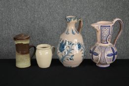 A mixed collection of ceramic jugs. Two hand painted and signed on the base. H.32cm. (largest)