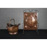 An iron framed Arts and Crafts copper fire screen and a copper coal bucket. H.70 W.45cm. (largest)