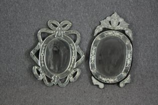 An etched glass Venetian style mirror and a similar in need of a little repair. H.50 W.30cm. (