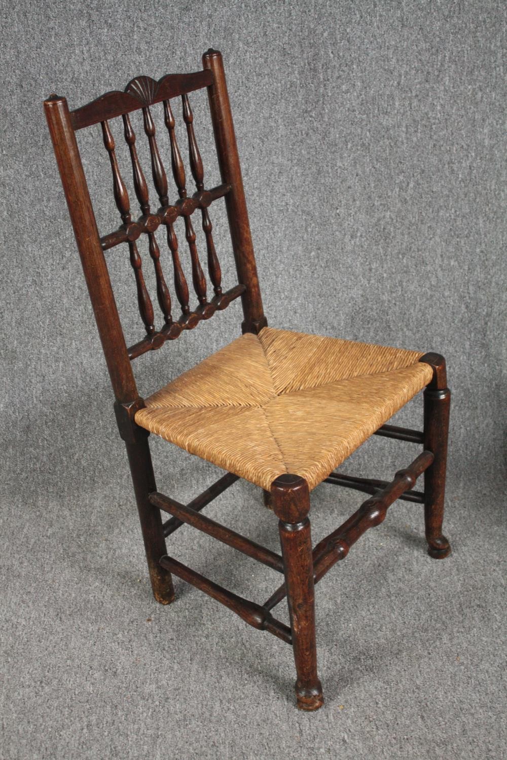 Dining chairs, a pair of early 19th century Lancashire style spindle back in elm and oak. - Image 3 of 6