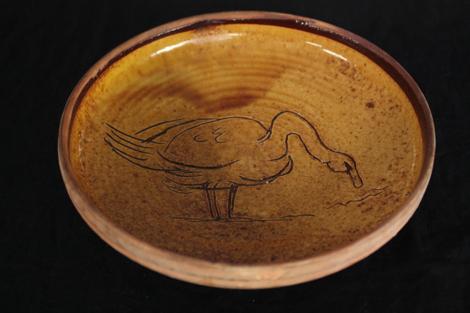 Studio pottery. Three glazed bowls. One decorated with a swan and signed 'R' on the base. L.29 W. - Image 6 of 10