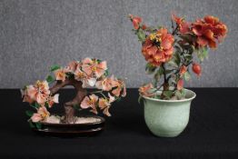 Two early 20th century Chinese glass and wire blossom trees in pots. One with a celadon glaze