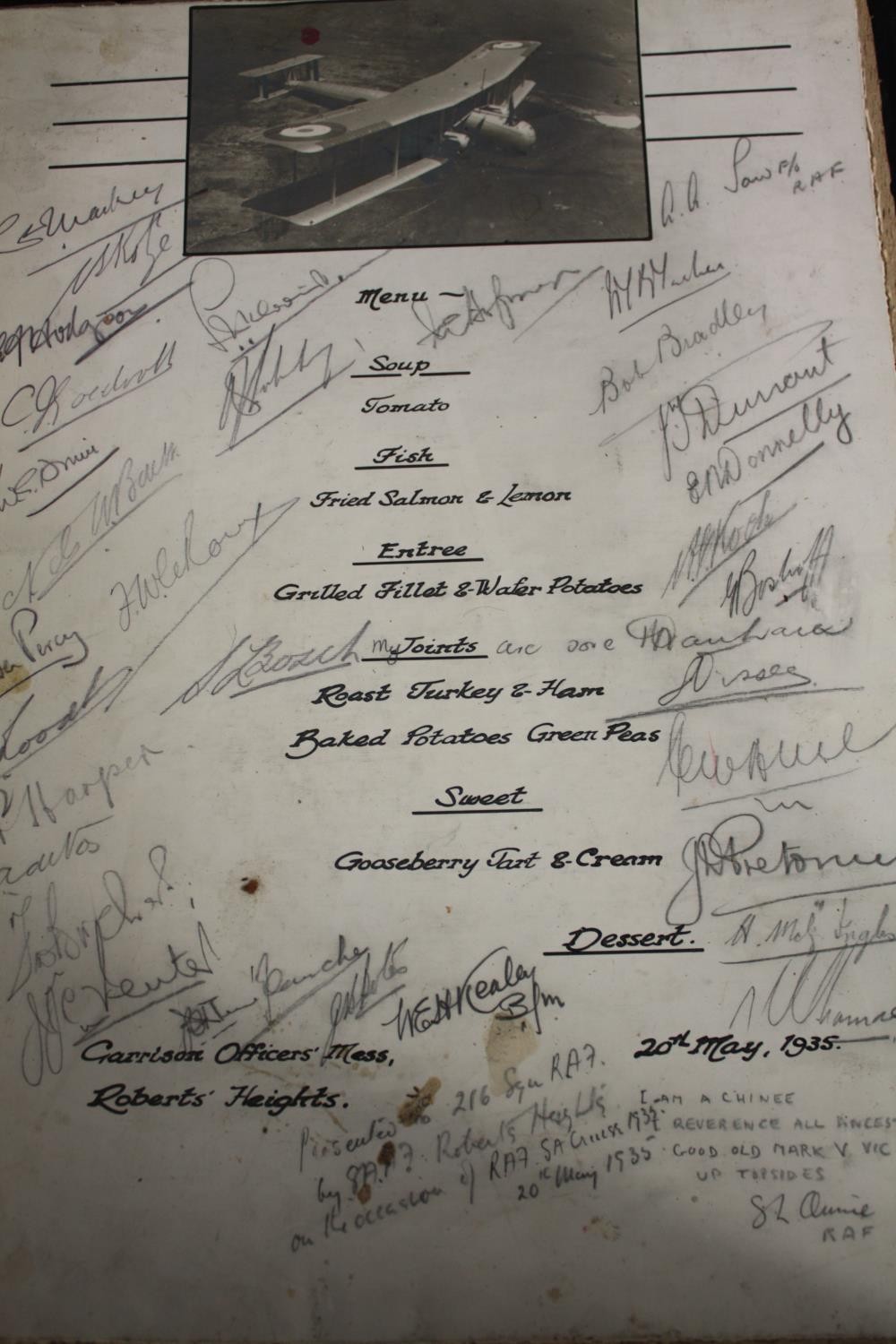 216 Squadron menu signed by the sqn members. Dated 25th May 1935. Signed by pilots and crew in - Image 2 of 2
