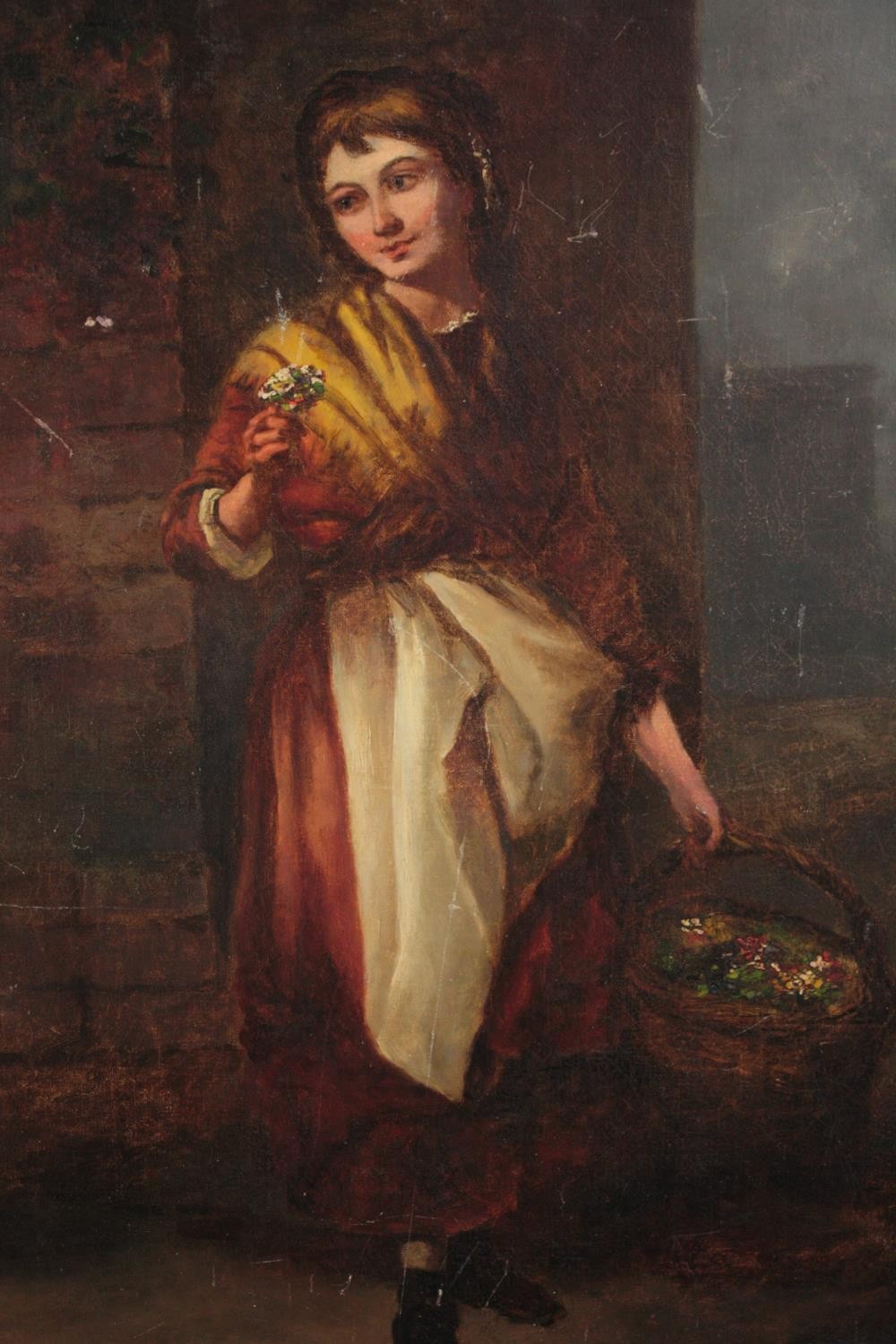 Anthony Ignatius Van Bever (Born circa 1822). Oil on canvas. Girl with flowers. Relined and