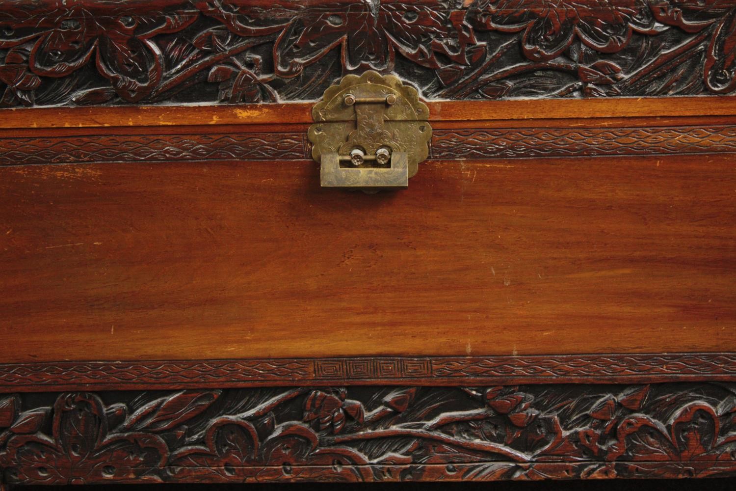 Coffer, early 20th century Chinese carved camphorwood. H.58 W.104 D.52cm. - Image 7 of 9