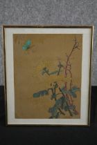 Japanese painting on cotton backed onto silk. Unsigned. Framed and glazed. H.31 W.36cm.