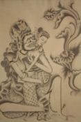 Balinese drawing of a deity. Signed 'K.T. Mus TjaTja'. Framed and glazed. H.48 W.36cm.