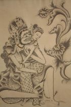 Balinese drawing of a deity. Signed 'K.T. Mus TjaTja'. Framed and glazed. H.48 W.36cm.