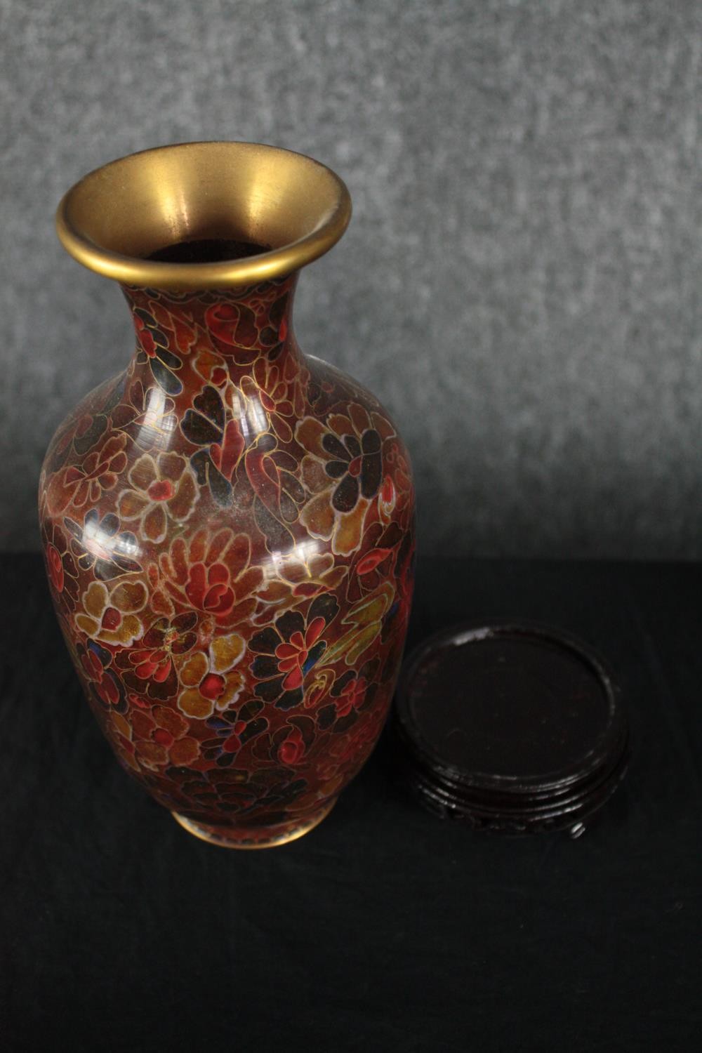 A matching pair of Chinese cloisonné vases on carved hardwood stands. Hand painted enamel on - Image 4 of 4