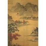 A Japanese scroll painting. Watercolour. Landscape mountain scene populated with figures at the