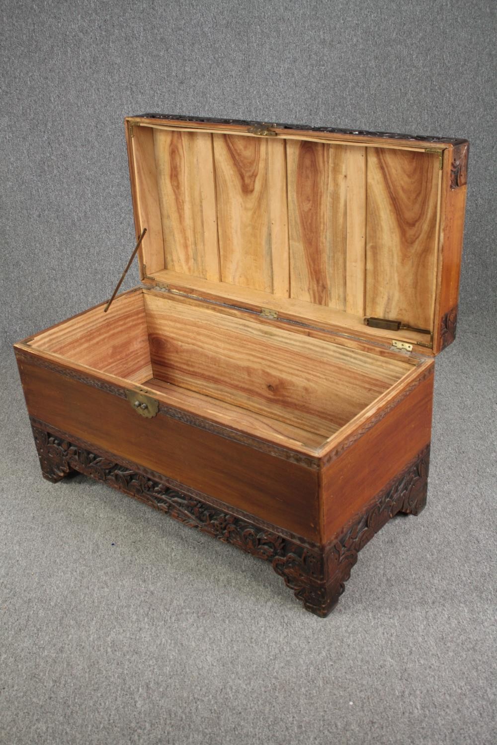 Coffer, early 20th century Chinese carved camphorwood. H.58 W.104 D.52cm. - Image 5 of 9