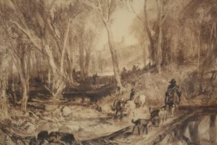 Engraving. In the style of William Turner. Titled 'Landscape with Huntsman' and signed indistinctly.