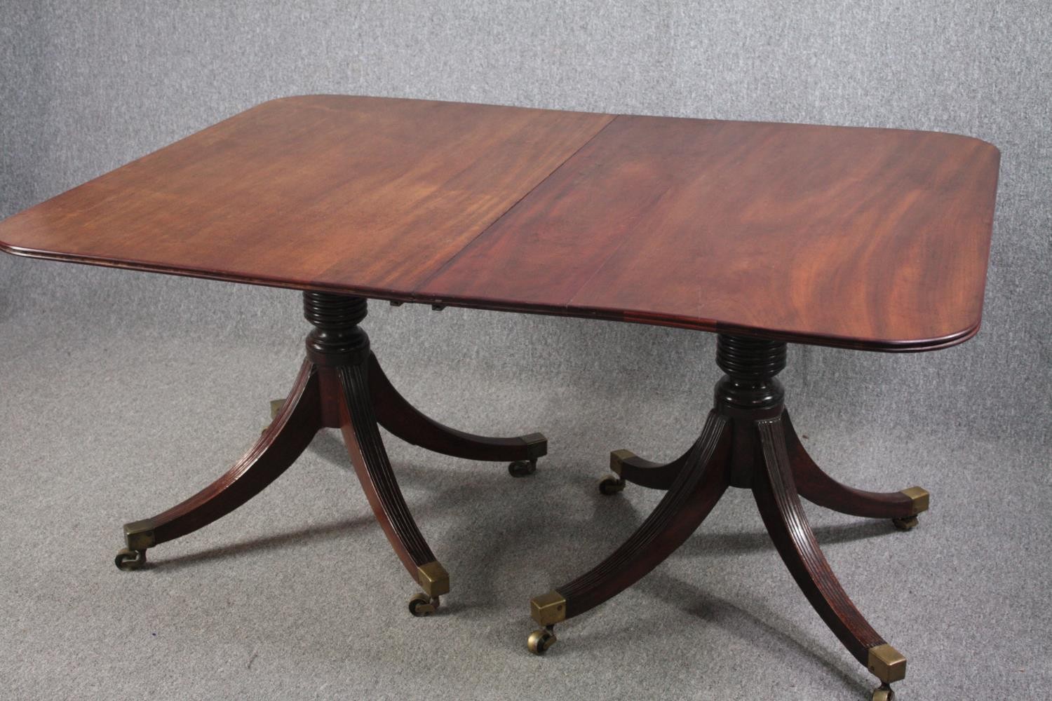 A George III mahogany twin pedestal dining table on quadruped swept supports terminating in brass - Image 3 of 5