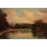 James Lewis (British. 1861-1934). Oil painting on board. A view of Richmond Bridge. Signed lower