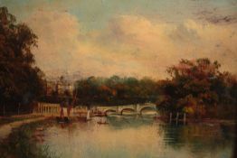 James Lewis (British. 1861-1934). Oil painting on board. A view of Richmond Bridge. Signed lower