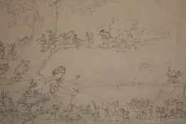 Ink drawing titled 'The Escape of the Fairies'. Signed lower right. Circa 1900. H.30 W.38cm.