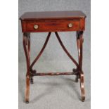 Lamp table, mid 19th century mahogany with frieze drawer on stretchered scrolling supports. H.74 W.