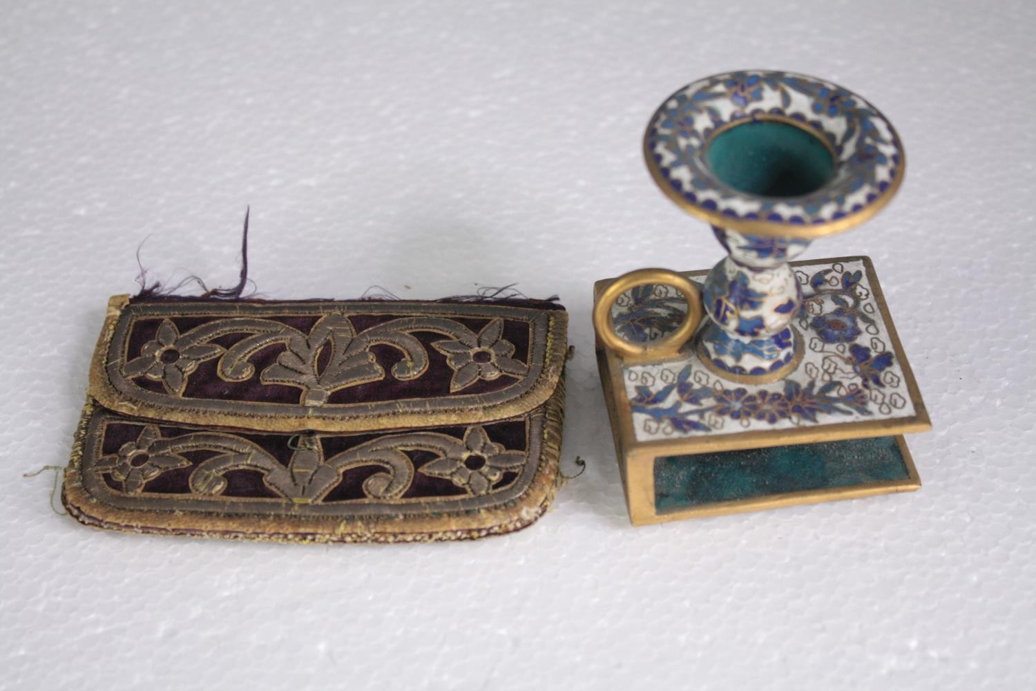 A mixed collection, including a brass enamelled candle holder, a wine bottle holder, brass tray - Image 6 of 8