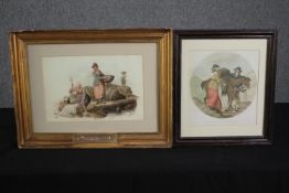 Two hand coloured Victorian prints. Framed and glazed. H.42 W.55cm. (largest)