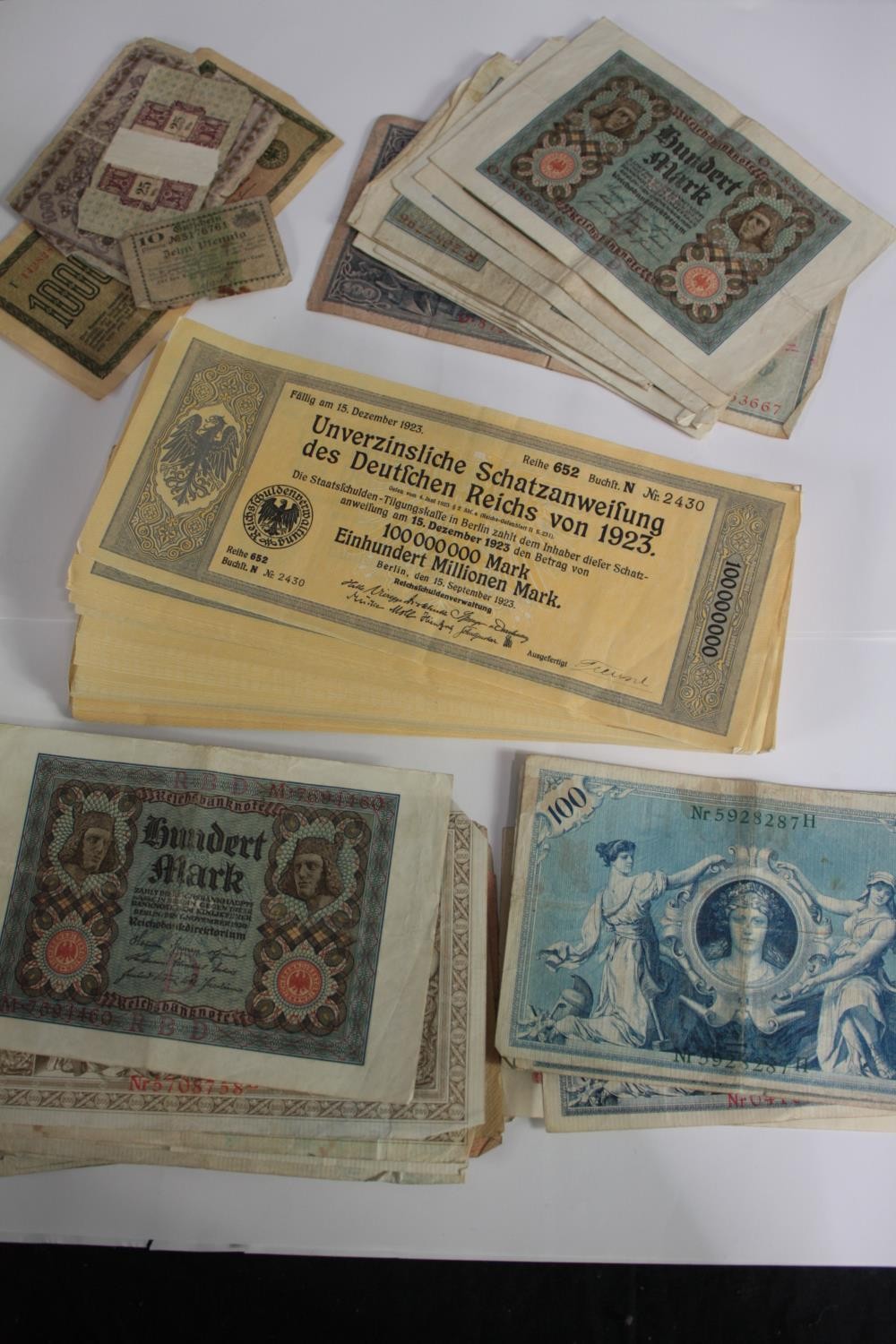 Roughly 257 Weimar Republic treasury notes issued 1923. The hyperinflation notes. Includes a