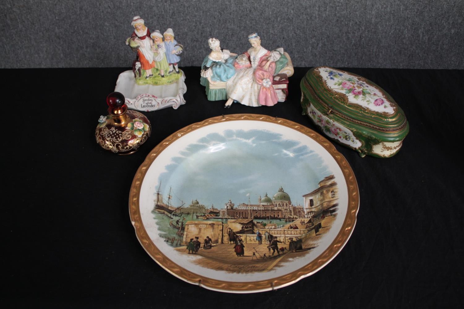 A mixed collection. A Yardley soap dish with porcelain figures and lidded glass bottle, decorative