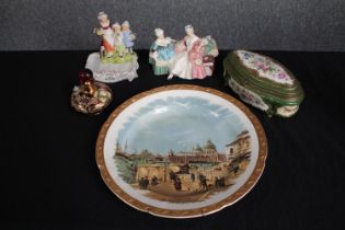 A mixed collection. A Yardley soap dish with porcelain figures and lidded glass bottle, decorative