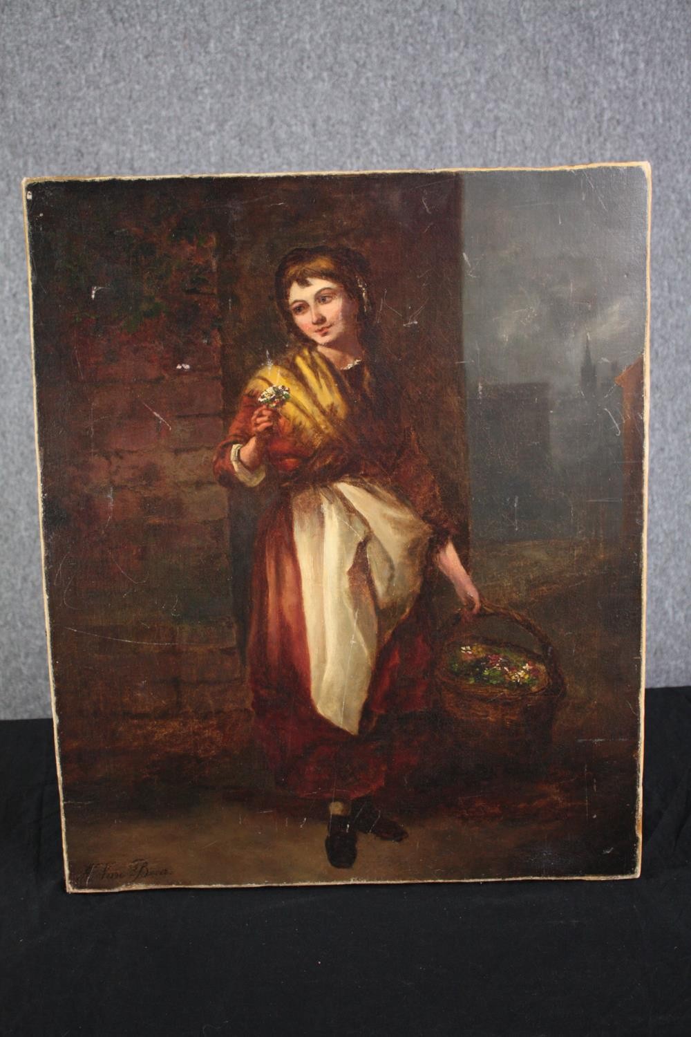 Anthony Ignatius Van Bever (Born circa 1822). Oil on canvas. Girl with flowers. Relined and - Image 2 of 4