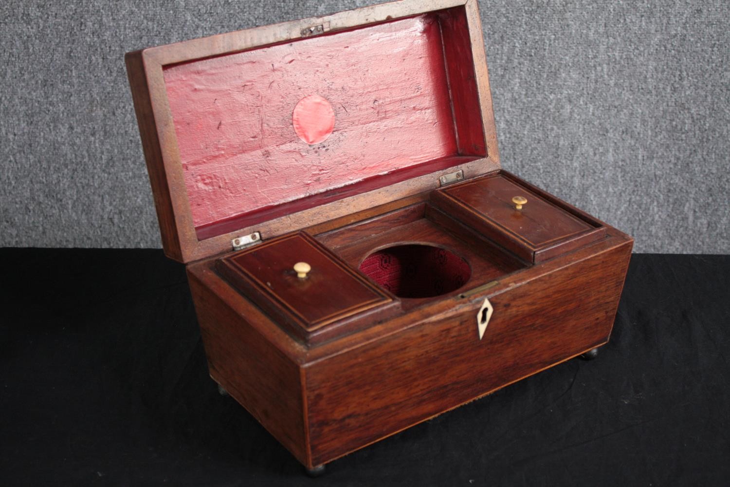 Tea caddy, Regency mahogany and satinwood inlaid and an early 19th century gilt and papier mache - Image 4 of 13