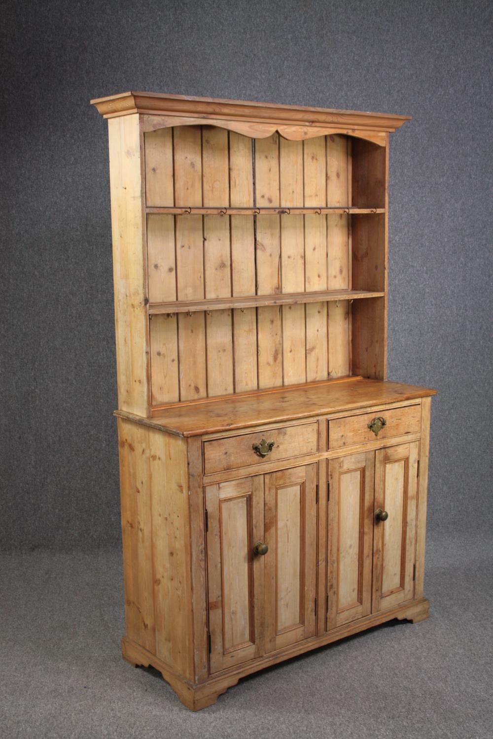 Kitchen dresser, C.1900 pine in two sections. H.162 W.113 D.45cm. - Image 3 of 5