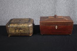 Tea caddy, Regency mahogany and satinwood inlaid and an early 19th century gilt and papier mache