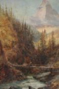 Oil on paper. Landscape with mountains in the distance and a bridge in the foreground. Signed '