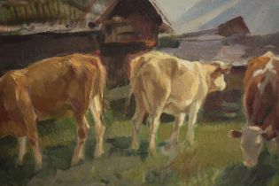 Ernst Hodel (Switzerland. 1881–1955). Grazing cattle. Signed lower right. Oil painting on board.