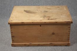 A 19th century pine travelling trunk. H.40 W.82 D.54cm.