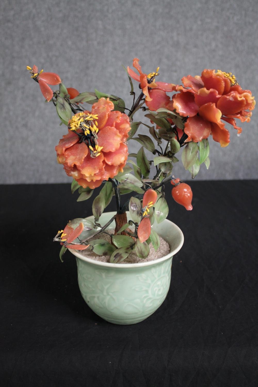 Two early 20th century Chinese glass and wire blossom trees in pots. One with a celadon glaze - Image 4 of 6