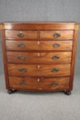 Chest of drawers, 19th century mahogany bowfronted with satinwood and ebony inlay. H.124 W.118 D.