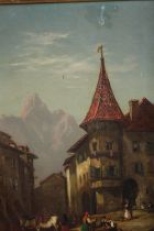 Oil painting on board. Mountain Alpine scene. Some surface loss above the steeple. Unsigned. Early