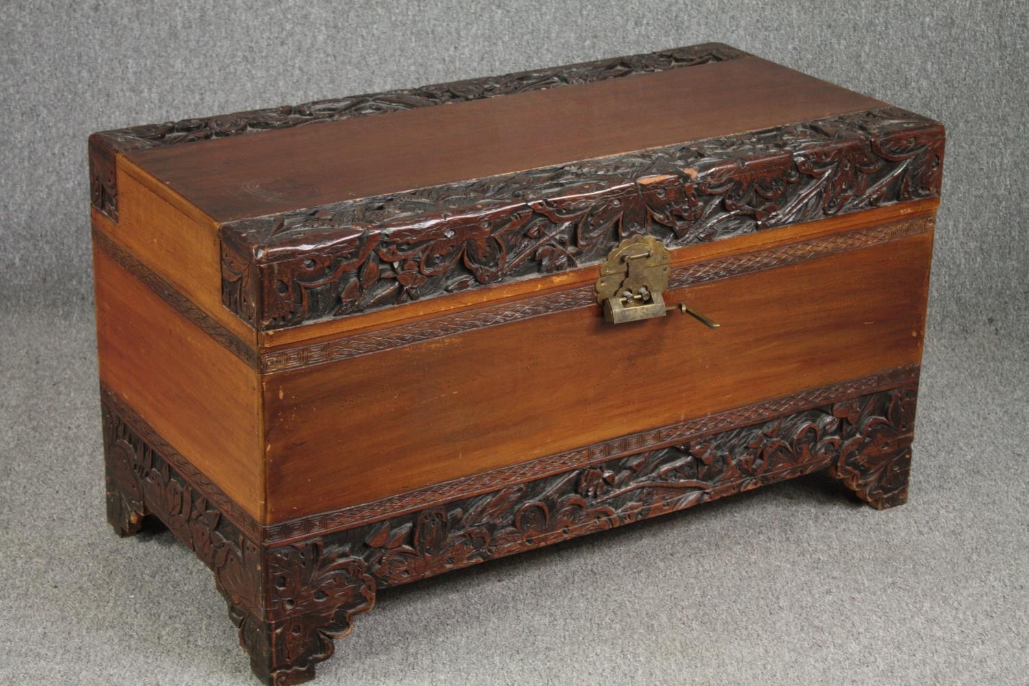 Coffer, early 20th century Chinese carved camphorwood. H.58 W.104 D.52cm. - Image 2 of 9