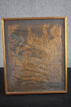 Indian woodcut print. Gold ink on thin dark paper. Framed. Twentieth century. H.57 W.47cm.