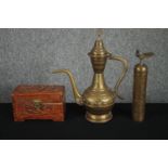 A brass teapot and coffee grinder. Probably Turkish. Also, a carved box containing necklaces. H.