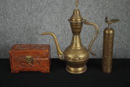 A brass teapot and coffee grinder. Probably Turkish. Also, a carved box containing necklaces. H.
