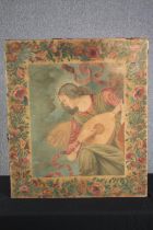 A 19th century mounted tapestry. An angelic lute player within a floral and fruit border