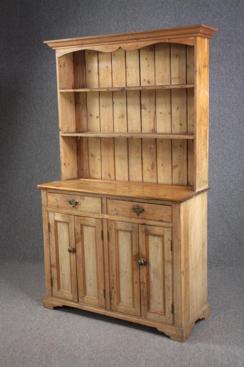 Kitchen dresser, C.1900 pine in two sections. H.162 W.113 D.45cm. - Image 4 of 5