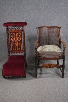 A 19th century mahogany prie dieu chair and a mid century Jacobean style oak armchair.