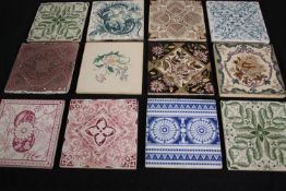 A mixed collection of twelve late 19th century tiles. H.15.5 W.15.5 cm.