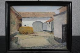 Oil painting on board. A farm yard scene. Unsigned. Framed. H.30 W.38cm.