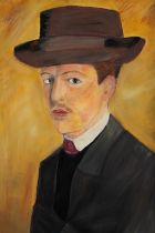 Oil on board. 'Portrait of the artist'. Signed to verso and dated 2009. H.107 W.76cm.