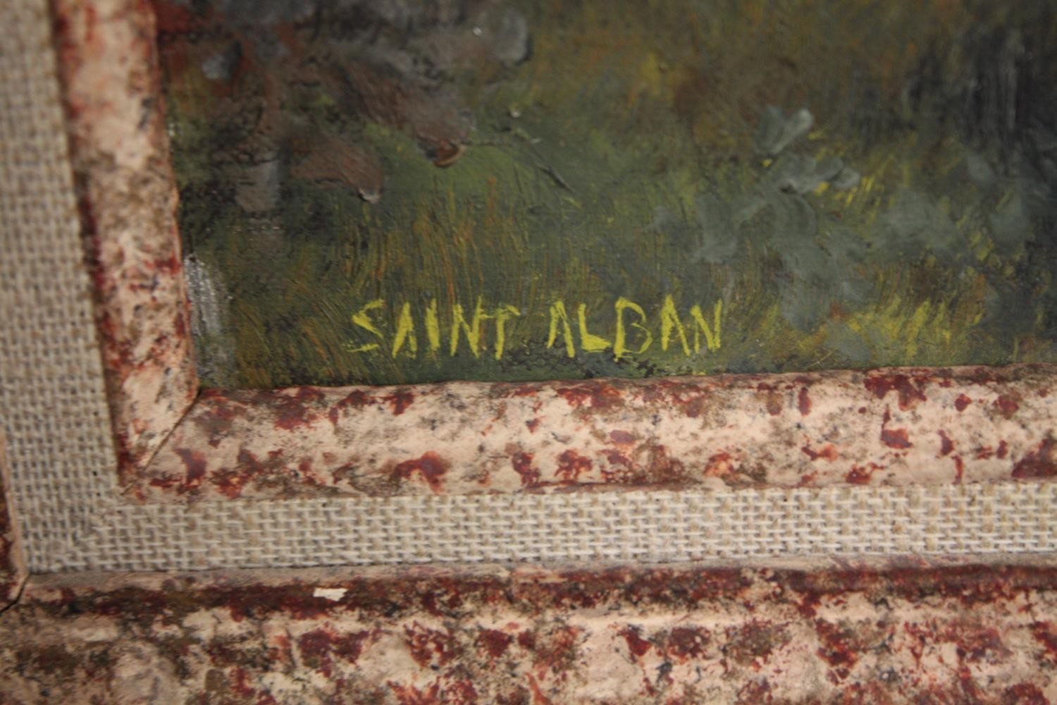 Oil painting on canvas. Titled 'Saint Albans' and signed indistinctly on the back. In decorative - Image 3 of 4